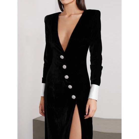 Asymmetric Buttoned Shoulder Pad Split-Front Long Sleeves Skinny Deep V-Neck Maxi Dresses