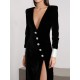 Asymmetric Buttoned Shoulder Pad Split-Front Long Sleeves Skinny Deep V-Neck Maxi Dresses