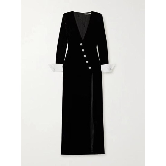 Asymmetric Buttoned Shoulder Pad Split-Front Long Sleeves Skinny Deep V-Neck Maxi Dresses