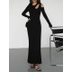 Hollow Solid Color Long Sleeves Skinny Cold Shoulder Maxi Dresses