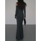 Hollow Solid Color Long Sleeves Skinny Cold Shoulder Maxi Dresses