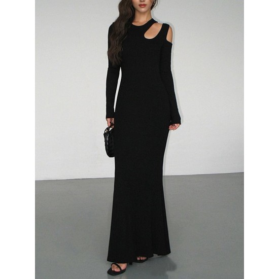 Hollow Solid Color Long Sleeves Skinny Cold Shoulder Maxi Dresses