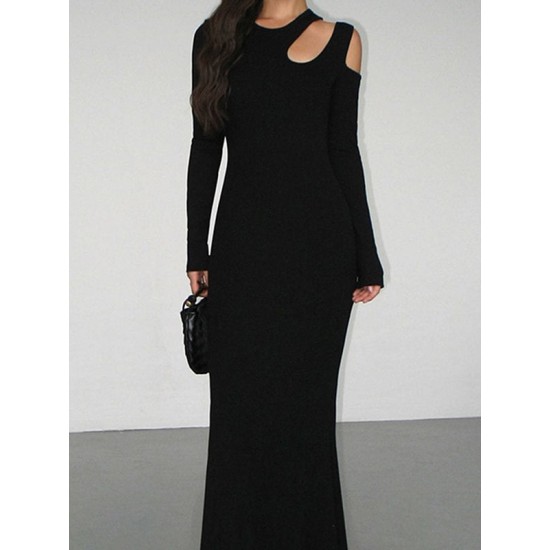 Hollow Solid Color Long Sleeves Skinny Cold Shoulder Maxi Dresses