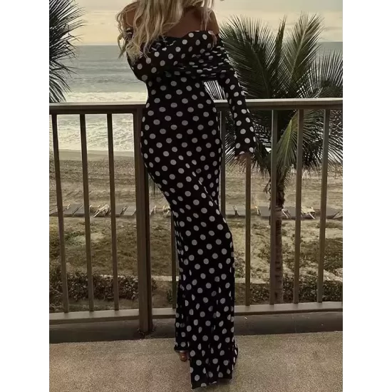 Pleated Polka-Dot Split-Joint Long Sleeves Skinny Tube Maxi Dresses