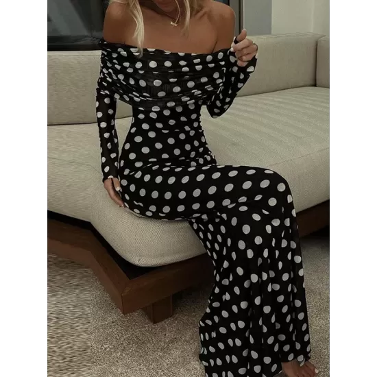 Pleated Polka-Dot Split-Joint Long Sleeves Skinny Tube Maxi Dresses