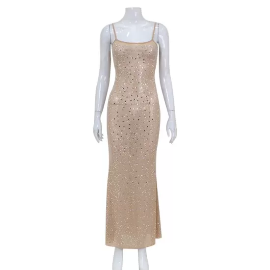 See-Through Sequined Split-Joint Bodycon Skinny Spaghetti-Neck Maxi Dresses