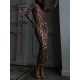 Leopard Printed Bodycon Long Sleeves Round-Neck Maxi Dresses