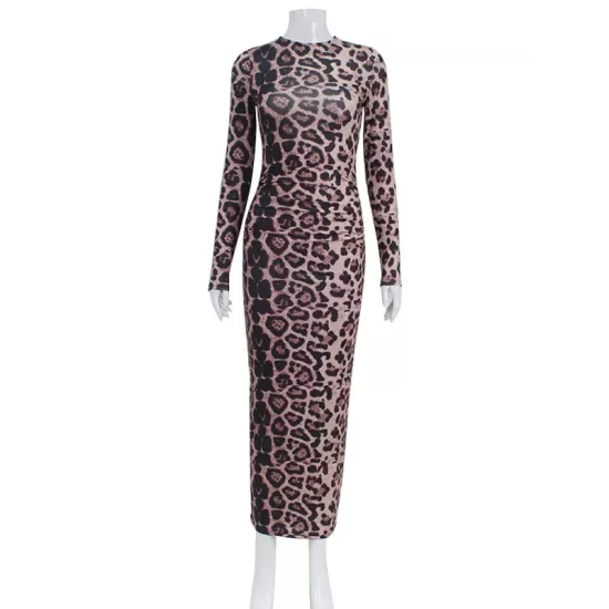 Leopard Printed Bodycon Long Sleeves Round-Neck Maxi Dresses