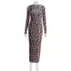 Leopard Printed Bodycon Long Sleeves Round-Neck Maxi Dresses