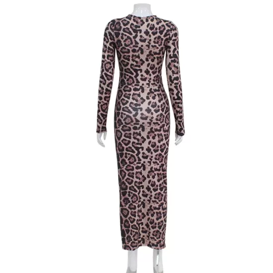 Leopard Printed Bodycon Long Sleeves Round-Neck Maxi Dresses