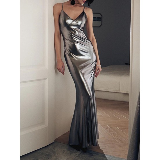 Shiny Solid Color Split-Joint Sleeveless Spaghetti-Neck Maxi Dresses