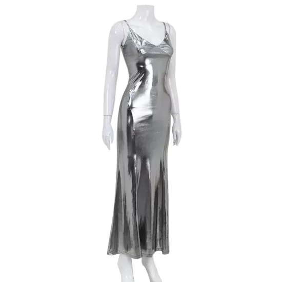 Shiny Solid Color Split-Joint Sleeveless Spaghetti-Neck Maxi Dresses