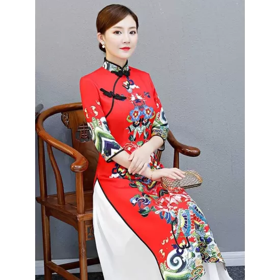 Red Split-Joint Seven-Quarter Sleeves Ao Dai Long Cheongsams