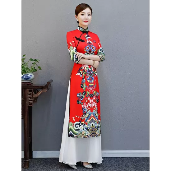 Red Split-Joint Seven-Quarter Sleeves Ao Dai Long Cheongsams