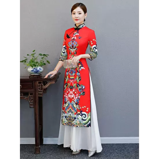 Red Split-Joint Seven-Quarter Sleeves Ao Dai Long Cheongsams