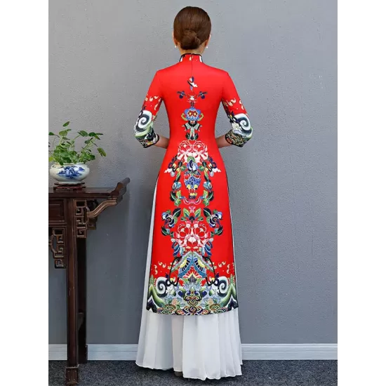 Red Split-Joint Seven-Quarter Sleeves Ao Dai Long Cheongsams