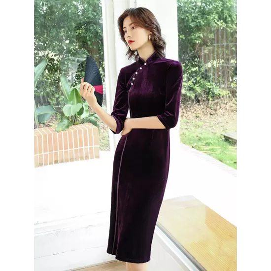 Solid Color Velvet Banquet Split-Side Long Cheongsams