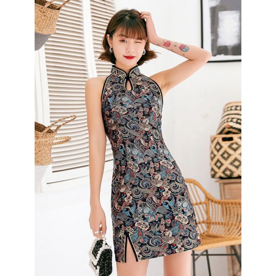 Original Floral Printed Stand Collar Sleeveless Short Cheongsams