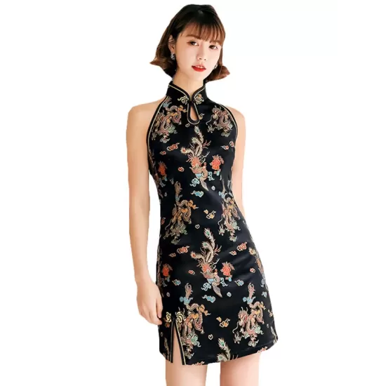 Original Floral Printed Stand Collar Sleeveless Short Cheongsams