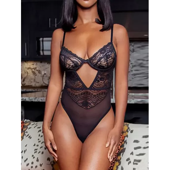 Sexy Lace Split-Joint Underwired Hollow Teddy Lingerie