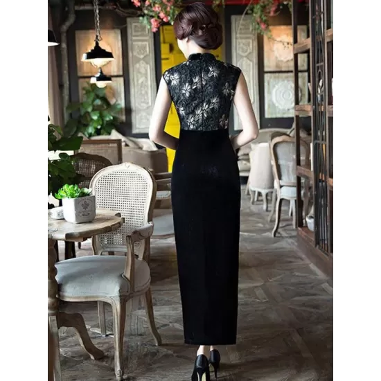 Black Velvet Lace Long Cheongsam Dress