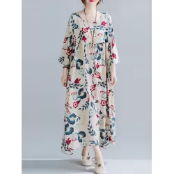 Casual Floral Printed Split-Joint Round-Neck Flared Batwing Sleeves Loose Maxi Dress