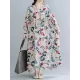 Casual Floral Printed Split-Joint Round-Neck Flared Batwing Sleeves Loose Maxi Dress