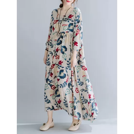 Casual Floral Printed Split-Joint Round-Neck Flared Batwing Sleeves Loose Maxi Dress