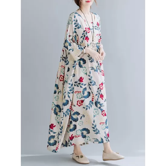 Casual Floral Printed Split-Joint Round-Neck Flared Batwing Sleeves Loose Maxi Dress