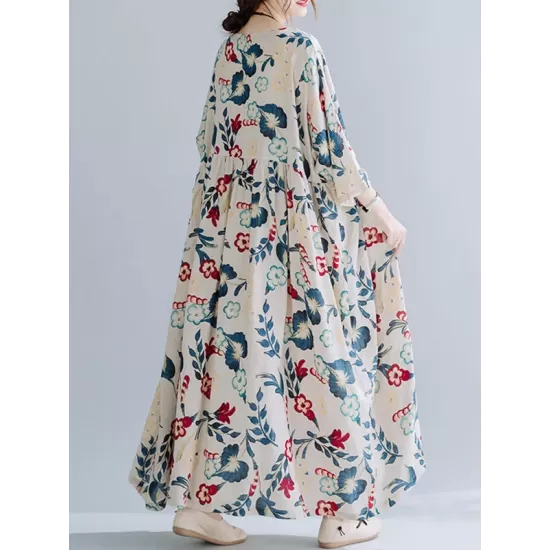 Casual Floral Printed Split-Joint Round-Neck Flared Batwing Sleeves Loose Maxi Dress