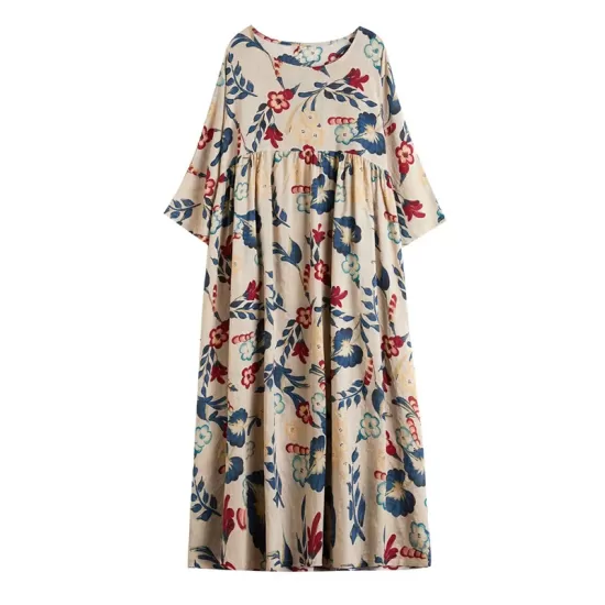 Casual Floral Printed Split-Joint Round-Neck Flared Batwing Sleeves Loose Maxi Dress