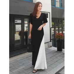 Black&White Split-joint V-neck Long Dress