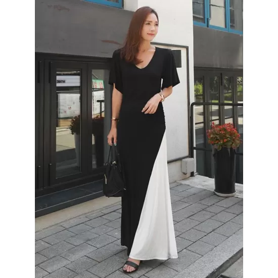 Black&White Split-joint V-neck Long Dress