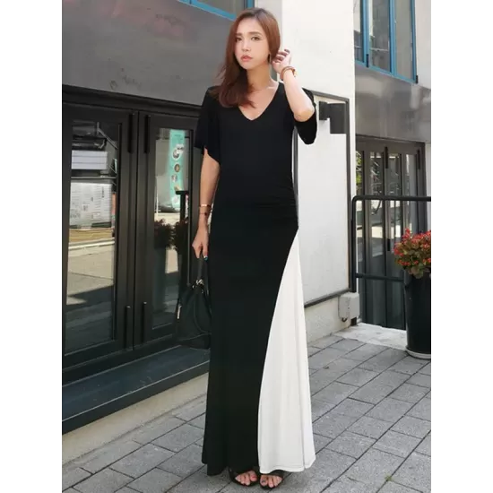 Black&White Split-joint V-neck Long Dress