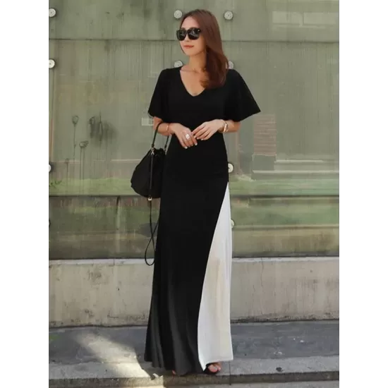 Black&White Split-joint V-neck Long Dress