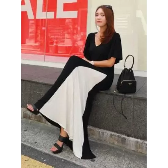 Black&White Split-joint V-neck Long Dress