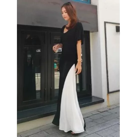 Black&White Split-joint V-neck Long Dress