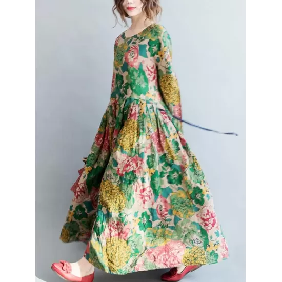 National Style Flower Printed Long Dress