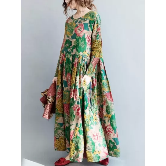 National Style Flower Printed Long Dress