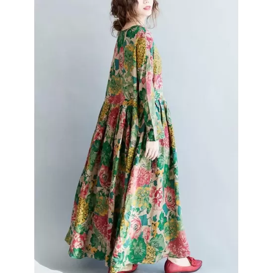 National Style Flower Printed Long Dress