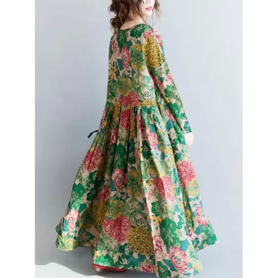 National Style Flower Printed Long Dress