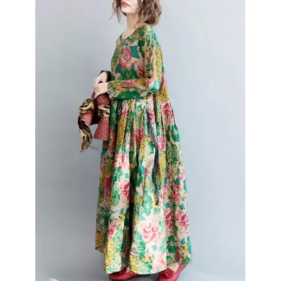 National Style Flower Printed Long Dress