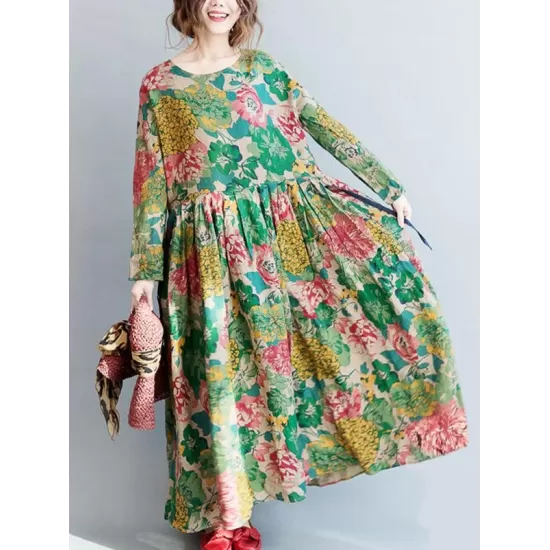 National Style Flower Printed Long Dress