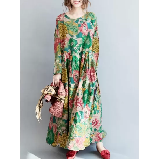 National Style Flower Printed Long Dress