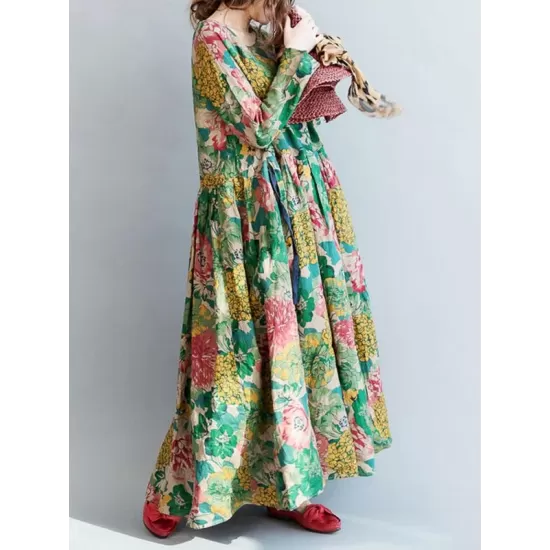 National Style Flower Printed Long Dress