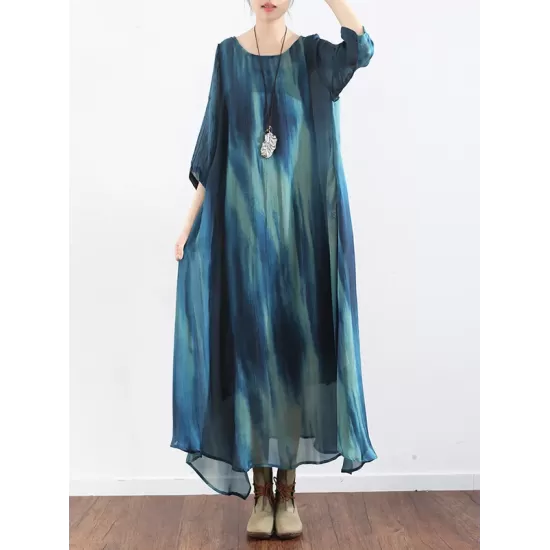 Artistic Retro 2 Pieces Printed Round-Neck Loose Maxi Dress