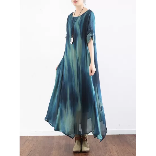 Artistic Retro 2 Pieces Printed Round-Neck Loose Maxi Dress