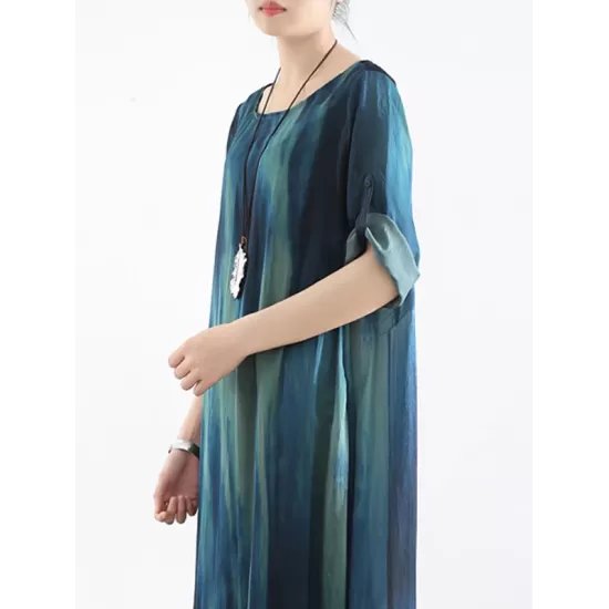 Artistic Retro 2 Pieces Printed Round-Neck Loose Maxi Dress