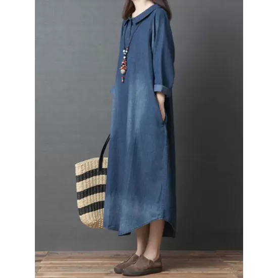 Loose Denim Shirt Maxi Dresses