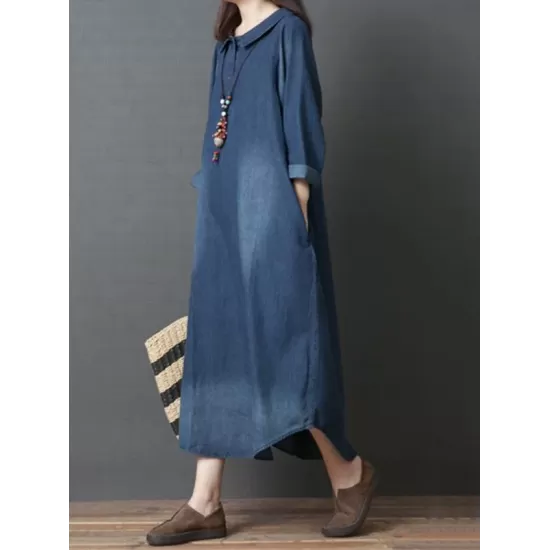 Loose Denim Shirt Maxi Dresses